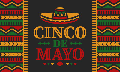 Wall Mural - Cinco de Mayo in Mexico. Traditional mexican fiesta in May. National happy holiday with carnival, festival and parade. Latin american and spanish pattern. Illustration with sombrero. Vector poster