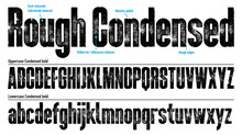 Rough Bold Condensed Font. Uppercase And Lowercase. Works Well At Small Sizes. Detailed, Individually Textured Characters With An Eroded Rough Letterpress/rolled Ink Print Texture. Unique Design Font.