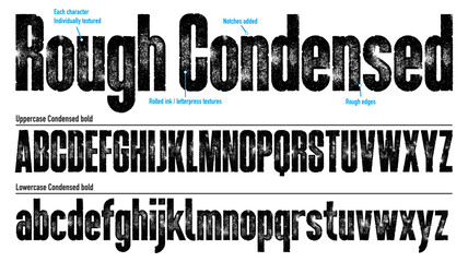 rough bold condensed font. uppercase and lowercase. works well at small sizes. detailed, individuall