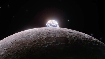 Wall Mural - the earth rises above the moon. unique angle view of the earth as it appears from the surface of the