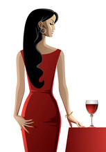 Glamorous Woman In A Red Dress With Black Hair And A Glass Of Red Wine On The Table