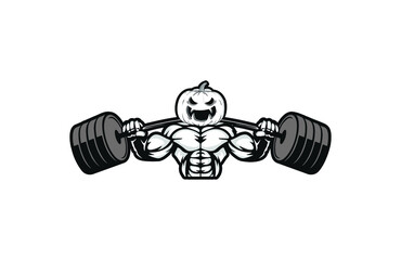 pumpkin Halloween vector icon holding barbell - Black and white