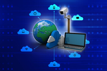 Poster - 3d rendering Surveillance CCTV Security Camera with cloud laptop
    