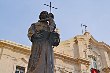 close-up of the statue of Saint Anthony located outside the homonymous church located in Lisbon, Portugal