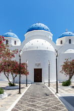 Classic Greek White Church With Blue Dome