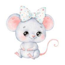 Digital Watercolor. Digitally Drawn Illustration Of A Cute Little Cartoon Mouse. Cute Watercolor Animals.