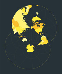 Poster - World map. Modified stereographic projection for the Pacific ocean. Futuristic world illustration for your infographic. Bright yellow country colors. Authentic vector illustration.