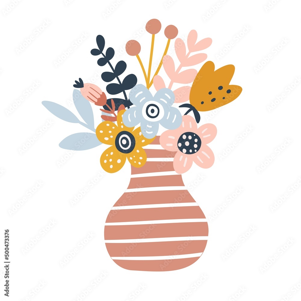 Image with a beautiful bouquet of flowers in a red vase on a white ...
