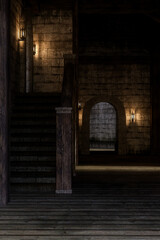 Fototapete - Portrait format 3D illustration of medieval castle hallway and stairs.