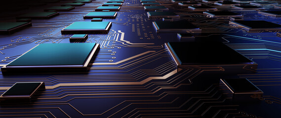 Fototapete - Printed circuit board futuristic server/Circuit board background, can be used as digital dynamic wallpaper, technology background. 3D render abstract background made of array of points and line. 