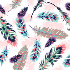 Wall Mural - Seamless pattern of colorful bird feathers in ethnic style. Boho wallpaper. Trendy exotic, tribal template for fashion design, textile, wrapping paper. Vector illustration.