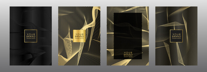 Poster - Modern premium colors cover frame design set. Gold and black  abstract line pattern guilloche curves backgrounds. Luxury wavy stripe vector layout for business banner, certificate, brochure template