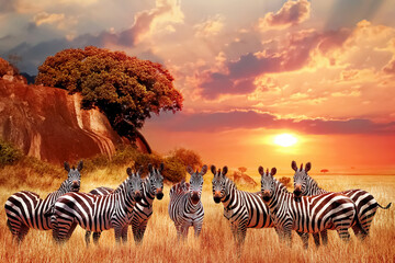 Wall Mural - group of zebras in the african savanna at sunset. serengeti national park. tanzania. africa.