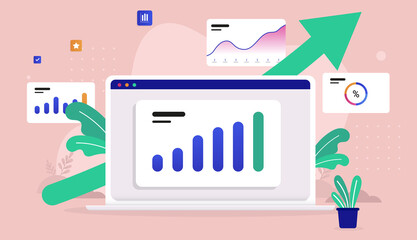 Fototapete - Positive analytic chart - Laptop computer screen with charts and green arrow showing growth and success. Semi flat vector illustration