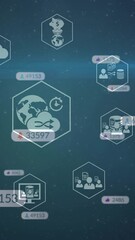 Wall Mural - animation of social media icons and numbers over blue background