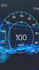 Wall Mural - animation of speedometer and power gauge over 3d lorry model moving on black background