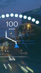 Wall Mural - animation of speedometer, gps and charge data on interface, over sped up city traffic at night