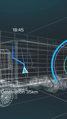 Wall Mural - animation of speedometer, gps and charge status data on vehicle interface, over 3d truck model