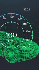 Wall Mural - animation of speedometer, gps and charge status data on vehicle interface, over 3d car model