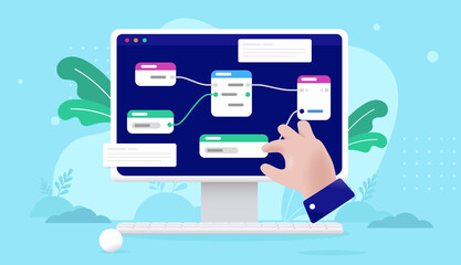Leinwandbilder - Visual coding - Desktop computer with node based scripting and programming on screen. Vector illustration