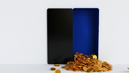 Wall Mural - Gold coin overflow from smartphone display, online business concept, 3D rendering.