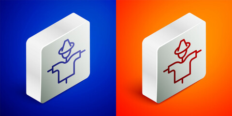 Sticker - Isometric line Scarecrow icon isolated on blue and orange background. Silver square button. Vector