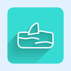 Sticker - White line Shark fin in ocean wave icon isolated with long shadow. Green square button. Vector