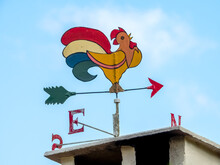 Wind Vane With Cardinal Directions And Colorful Rooster, In Red, Green, Blue And Yellow