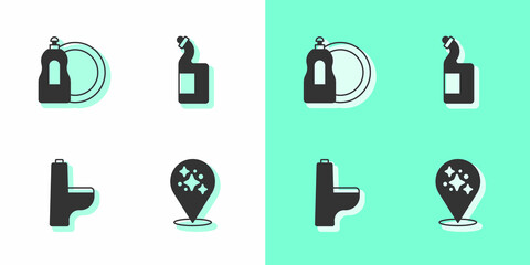 Sticker - Set Home cleaning service, Dishwashing liquid bottle, Toilet bowl and icon. Vector