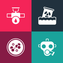 Wall Mural - Set pop art Gas mask, Molecule, Radioactive waste in barrel and Industry pipe and valve icon. Vector
