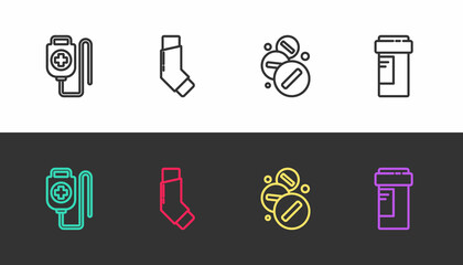 Sticker - Set line IV bag, Inhaler, Medicine pill or tablet and bottle on black and white. Vector