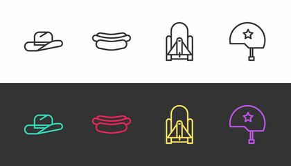 Sticker - Set line Western cowboy hat, Hotdog sandwich, Rocket launch from the spaceport and Military helmet on black and white. Vector