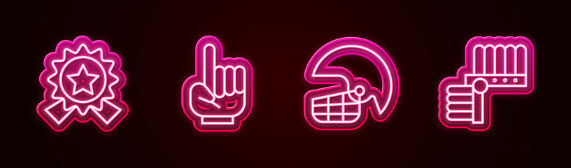 Sticker - Set line Medal with star, Number 1 one fan hand glove, American football helmet and Indian headdress feathers. Glowing neon icon. Vector