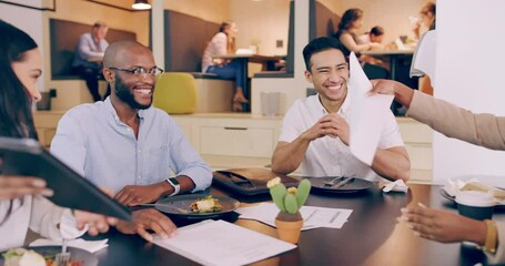 Poster - Work gives you meaning and purpose and life is empty without it. 4k video footage of a group of young coworkers laughing as they brainstorming over a lunch meeting in a restaurant.