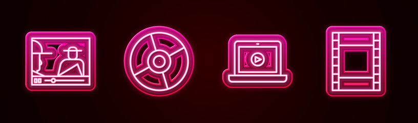 Poster - Set line Online play video, CD or DVD disk, and Play Video. Glowing neon icon. Vector