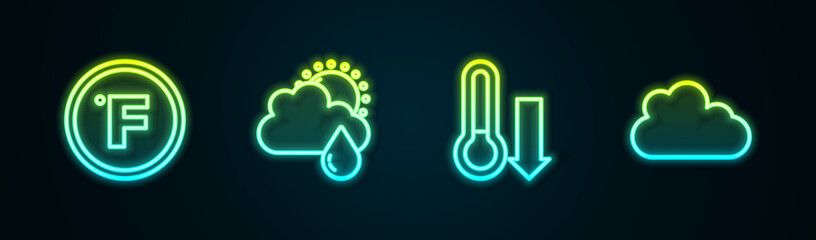 Sticker - Set line Fahrenheit, Cloud with rain and sun, Meteorology thermometer and . Glowing neon icon. Vector