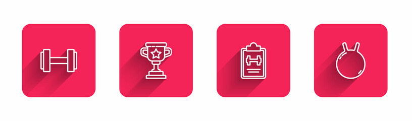 Set line Dumbbell, Award cup, Sport training program and Kettlebell with long shadow. Red square button. Vector