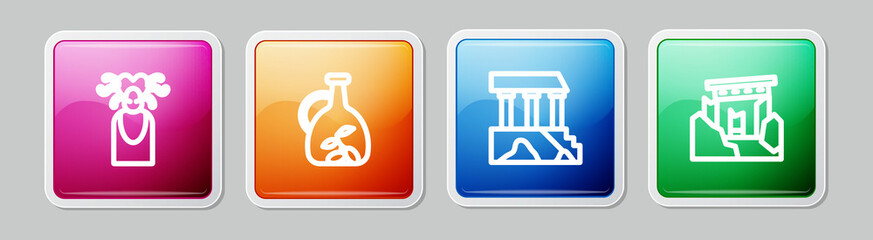 Sticker - Set line Medusa Gorgon, Bottle of olive oil, Parthenon and Ancient ruins. Colorful square button. Vector