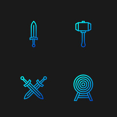 Wall Mural - Set line Target with arrow, Crossed medieval sword, Medieval and Hammer. Gradient color icons. Vector