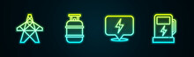 Set Line Electric Tower, Propane Gas Tank, Lightning Bolt And Car Charging Station. Glowing Neon Icon. Vector