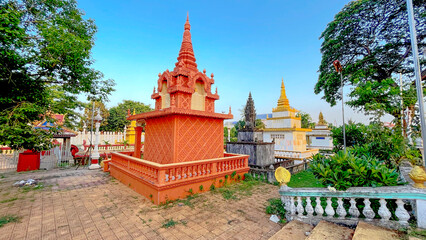 18 April 2022, Stupa at Wat Tang Kork, a pagoda in two floors, Wat Taing Kork, Kampong Thom Province, 50's architecture. Located Tang Kork District, Kampong Thom Province, Cambodia.