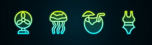 Set Line Electric Fan, Jellyfish, Coconut Cocktail And Swimsuit. Glowing Neon Icon. Vector