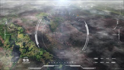 Aufkleber - HUD aerial view science fiction landscape flying over mountain with UI scanning interface military weapon concept 4K motion.