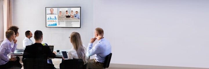 Poster - Businesspeople Video Conferencing In Boardroom