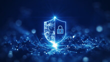 The Prominent Shield In The Center Is Cut In Half, The Left Shows A Polygonal Connection, The Right Has A Large Padlock. Binary Code Polygon And Small Padlock Blur On Dark Blue Background.