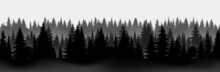 Vector Mountains Forest Black Silhouette Background Texture, Of Coniferous Forest, Vector. Season Trees Spruce, Fir. Hiking Vacation Tourism. Horizontal Landscape.