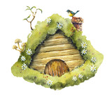 Fototapeta  - Green Forest Gnome. Set. Gnome Hut. Watercolor hand drawn illustration