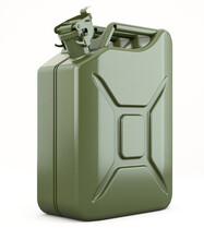 Canister For Gasoline And Diesel Fuel On A White Background. Close-up Of A 20 Liter Green Jerry Can. 3d Illustration