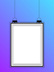 Poster - Realistic vertical hanging picture frame isolated on blue background. Blank hanging frame template. Empty hanging photo frame mockup.