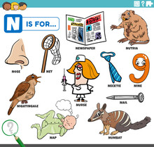 Letter N Words Educational Set With Cartoon Characters
